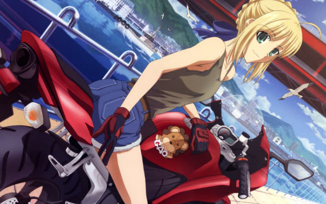 Обои картинки фото аниме, fate, stay, night, взгляд, девушка, мотоцикл, saber