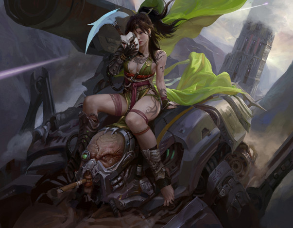 Обои картинки фото фэнтези, красавицы, чудовища, маска, киборг, великан, девушка
