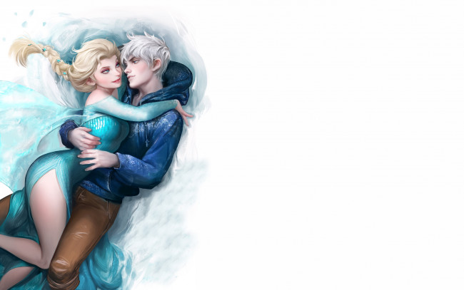 Обои картинки фото девушка и парень, рисованные, люди, frozen, холодное, сердце, хранители, снов, парень, девушка, rise, of, the, guardians