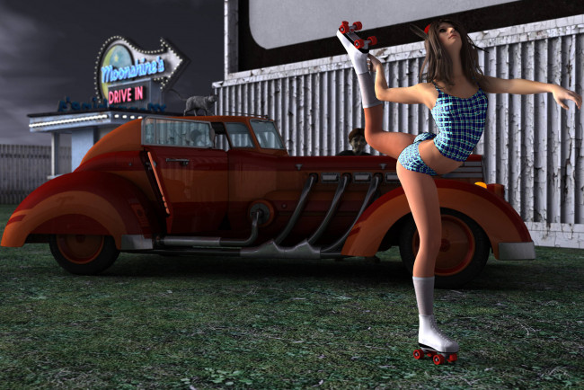 Обои картинки фото 3д графика, people , люди, девушка, автомобиль, ролики