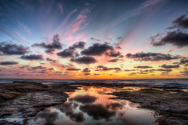 Обои картинки фото природа, восходы, закаты, океан, горизонт, тучи, заря