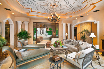 Картинка интерьер гостиная статуи кресло диван лежаки вазонки свечи комната desigen люстра колоны