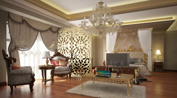 Картинка интерьер спальня кровать светильник кресла стол