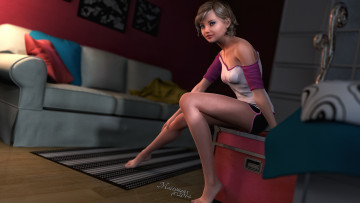 Картинка 3д+графика люди+ people диван улыбка фон взгляд девушка