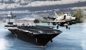Картинка корабли 3d облака море самолет авианосец