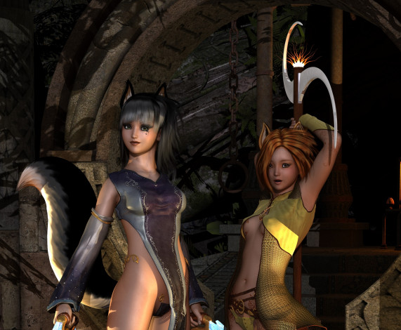 Обои картинки фото 3д графика, существа , creatures, фон, взгляд, девушки, кошки