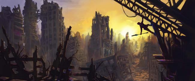 Обои картинки фото фэнтези, иные миры,  иные времена, арт, обломки, человек, солнце, руины, город, jon, baker