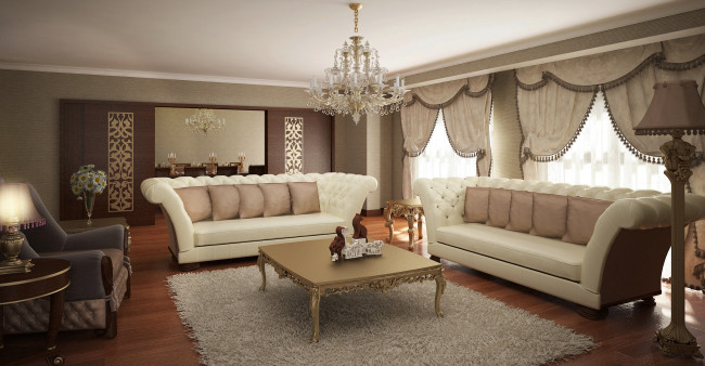 Обои картинки фото интерьер, гостиная, стол, диван, кресла, светильник