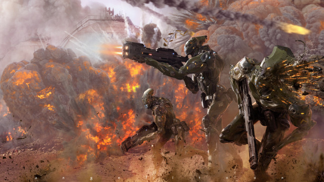 Обои картинки фото фэнтези, роботы,  киборги,  механизмы, взрывы, оружие, арт