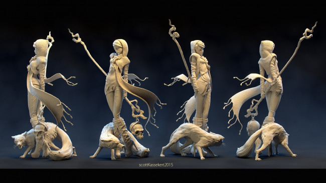 Обои картинки фото 3д графика, _science fiction, девушка, взгляд, фон, посох, череп, лиса