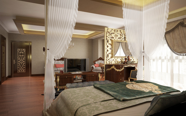 Обои картинки фото интерьер, спальня, тумбочка, кровать, зеркало