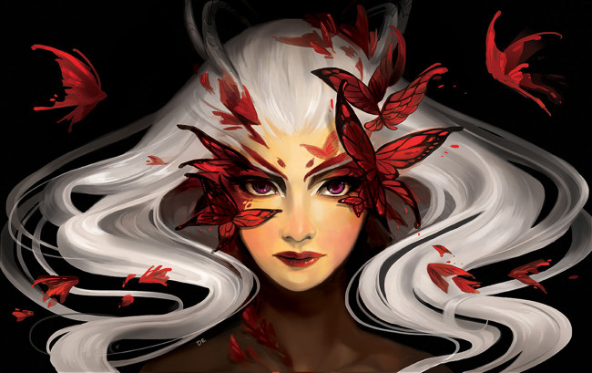 Обои картинки фото фэнтези, существа, рога, девушка, бабочки