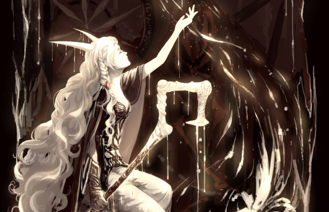 Обои картинки фото фэнтези, существа, коса, посох, девушка, рога