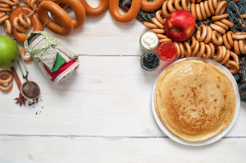 Картинка еда разное блины икра сушки яблоко кукла