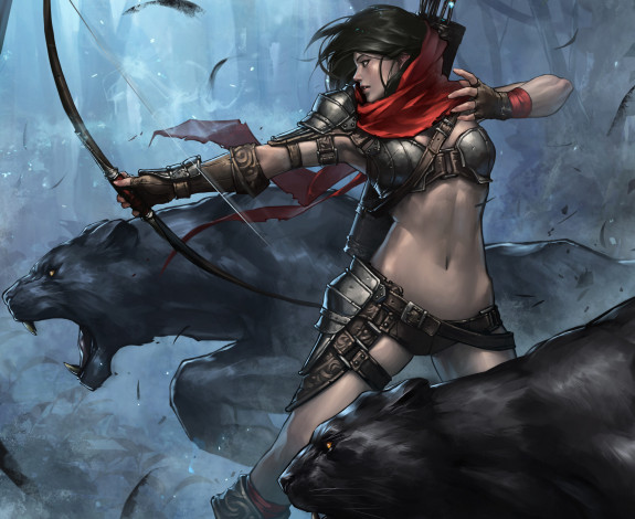 Обои картинки фото фэнтези, красавицы и чудовища, фантастика, арт, девушка, поза, лук, стрелы, животные