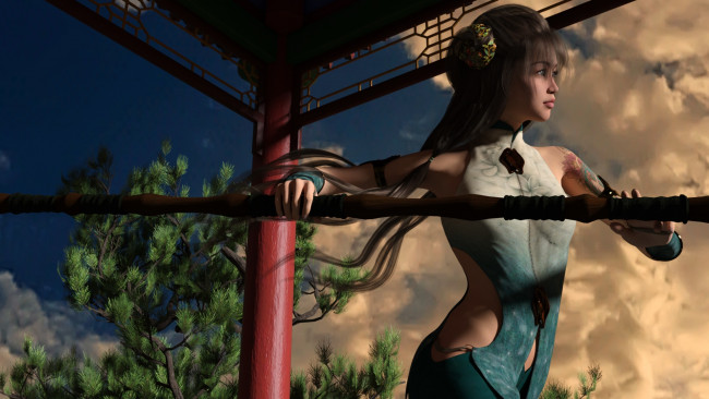 Обои картинки фото 3д графика, фантазия , fantasy, девушка, взгляд, фон, тату