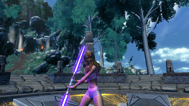 Обои картинки фото 3д графика, фантазия , fantasy, скалы, лес, оружие, фон, девушка, взгляд