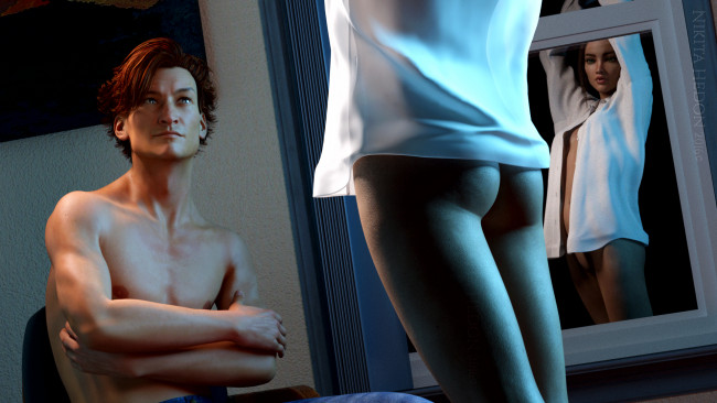 Обои картинки фото 3д графика, люди , people, парень, взгляд, фон, девушка, зеркало