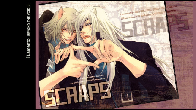 Обои картинки фото аниме, lamento, art, kazuaki, visual, novel, konoe, rai, демоны, ушки, язык, руки, жест, повязка