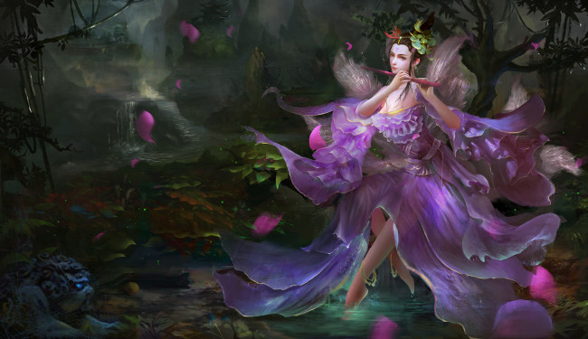 Обои картинки фото фэнтези, девушки, природа, музыка, платье, сидит, девушка, фэнтази