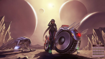 Картинка календари фэнтези 2018 девушка планета мотоцикл