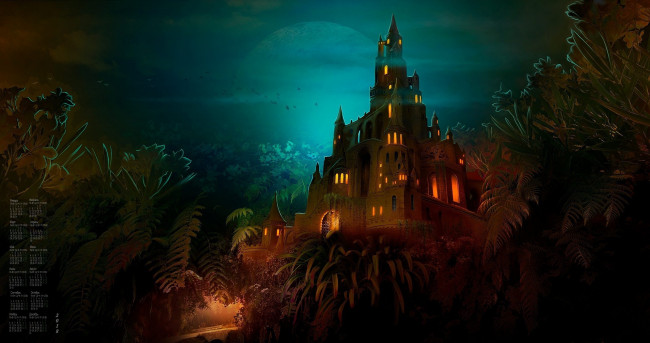 Обои картинки фото календари, фэнтези, ночь, здание, 2018