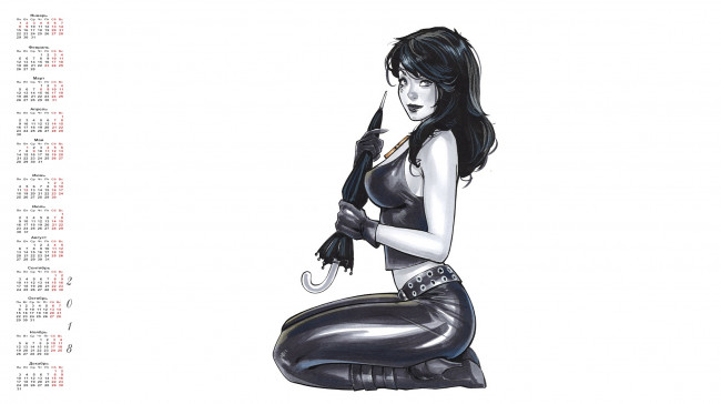 Обои картинки фото календари, рисованные,  векторная графика, зонт, взгляд, девушка, 2018