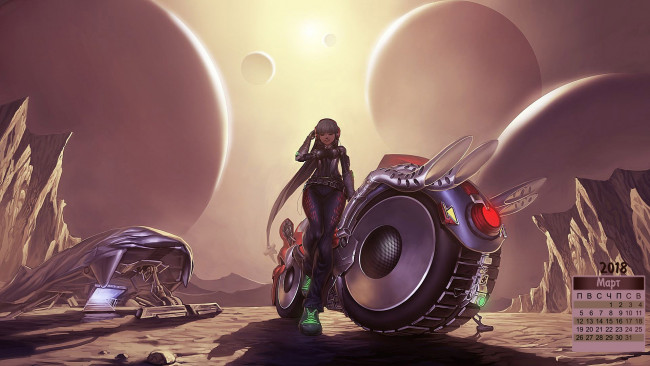 Обои картинки фото календари, фэнтези, 2018, девушка, планета, мотоцикл