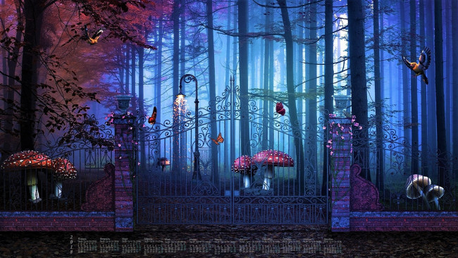 Обои картинки фото календари, фэнтези, деревья, 2018, гриб, ворота