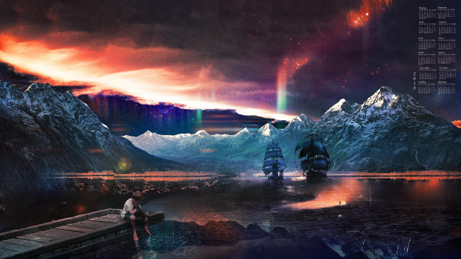 Обои картинки фото календари, фэнтези, водоем, скала, парусник, ребенок, 2018