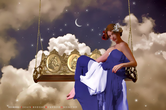 Обои картинки фото календари, фэнтези, качели, девушка, облако, цветы, взгляд, calendar, 2020