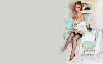 Картинка рисованное люди девушка пин-ап белье чулки стулья стол картина