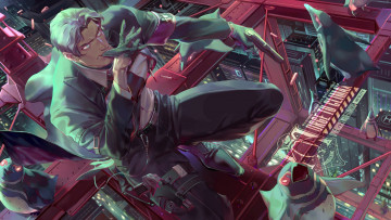 Картинка аниме оружие +техника +технологии мужчина пингвины город