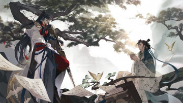 Картинка аниме unknown +другое+ парни листы птицы деревья