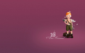 обоя праздничные, день святого валентина,  сердечки,  любовь, купидон, мальчик, лук, стрелы, ящик