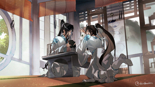 Обои картинки фото аниме, mo dao zu shi, парни, стол, кролики