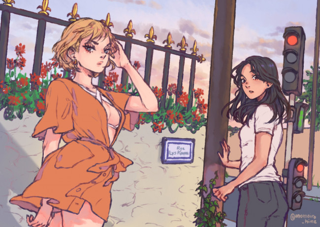 Обои картинки фото рисованное, люди, девушки, забор, светофоры