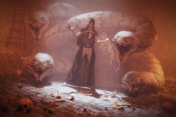 Картинка 3д+графика люди+и+животные+ people+and+animals девушка фон змея