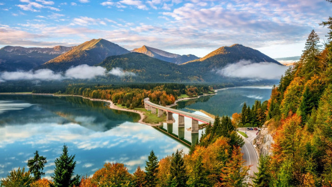 Обои картинки фото the sylvenstein reservoir, bavarian alps, города, - мосты, the, sylvenstein, reservoir, bavarian, alps