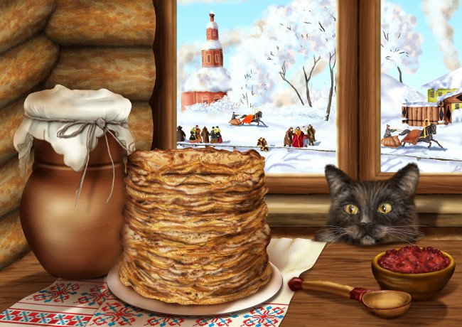 Обои картинки фото рисованное, праздники, масленица, блины, кот, праздник, люди