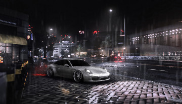 обоя need for speed 2015, видео игры, need for speed , 2015, порше, серебристый, город, улица, дождь