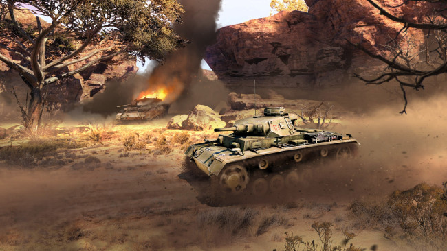 Обои картинки фото видео игры, war thunder, танки, огонь, скалы, деревья