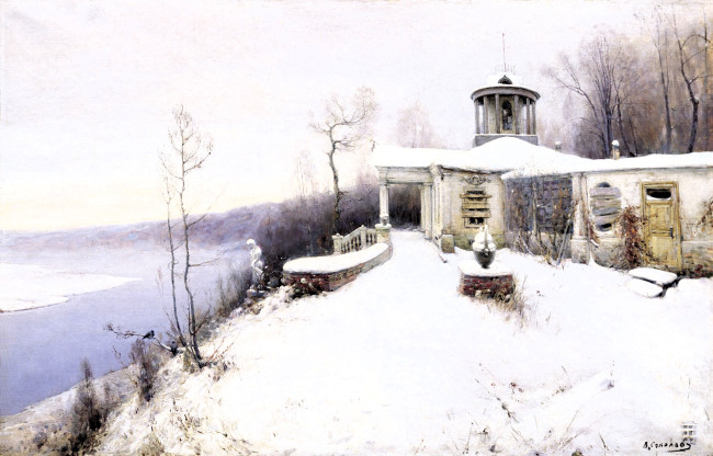 Обои картинки фото соколов владимир - покинутая усадьба,  начало 1900, рисованное, владимир соколов, река, снег, зима, усадьба