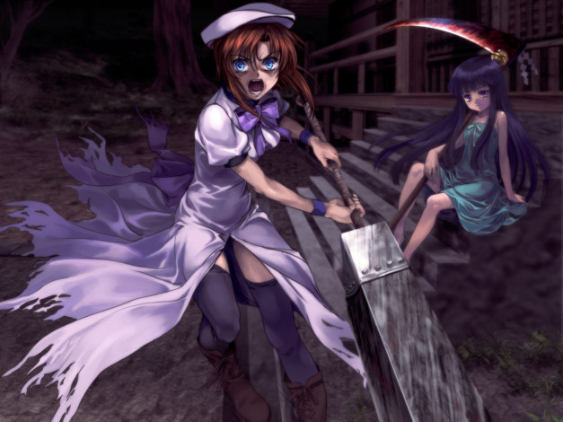 Обои картинки фото аниме, higurashi, no, naku, koro, ni, ryuuguu, rena, furude, rika