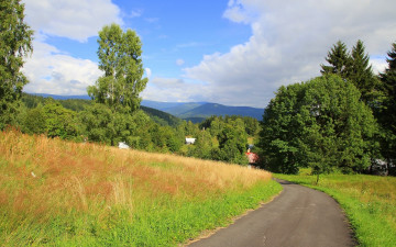 Картинка природа дороги поворот дорога деревья горы