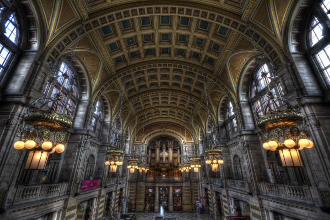 Обои картинки фото художественная, галлерея, глазго, шотландия, интерьер, дворцы, музеи, люстры, арки