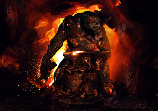 Картинка фэнтези существа огонь молот наковальня тролль черепа цепь