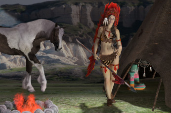 Картинка 3д графика amazon амазонки копье чум девушка конь очаг