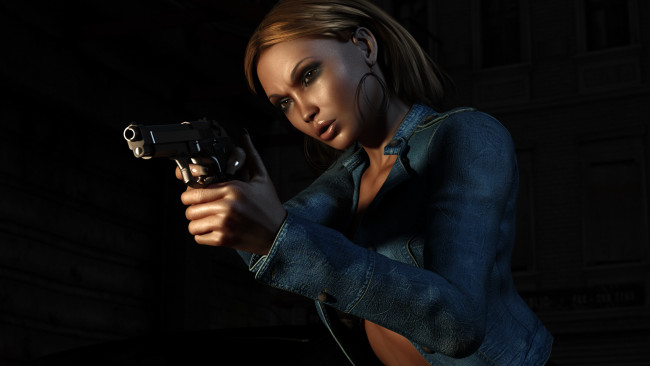 Обои картинки фото 3д, графика, military, куртка, пистолет, джинсовая, рендер, девушка