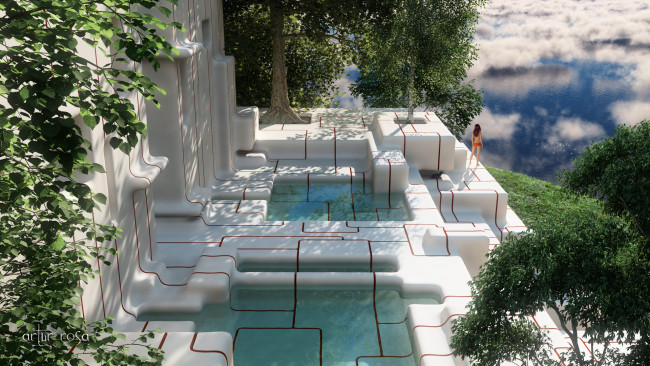 Обои картинки фото 3д, графика, realism, реализм, облака, деревья, бассейн